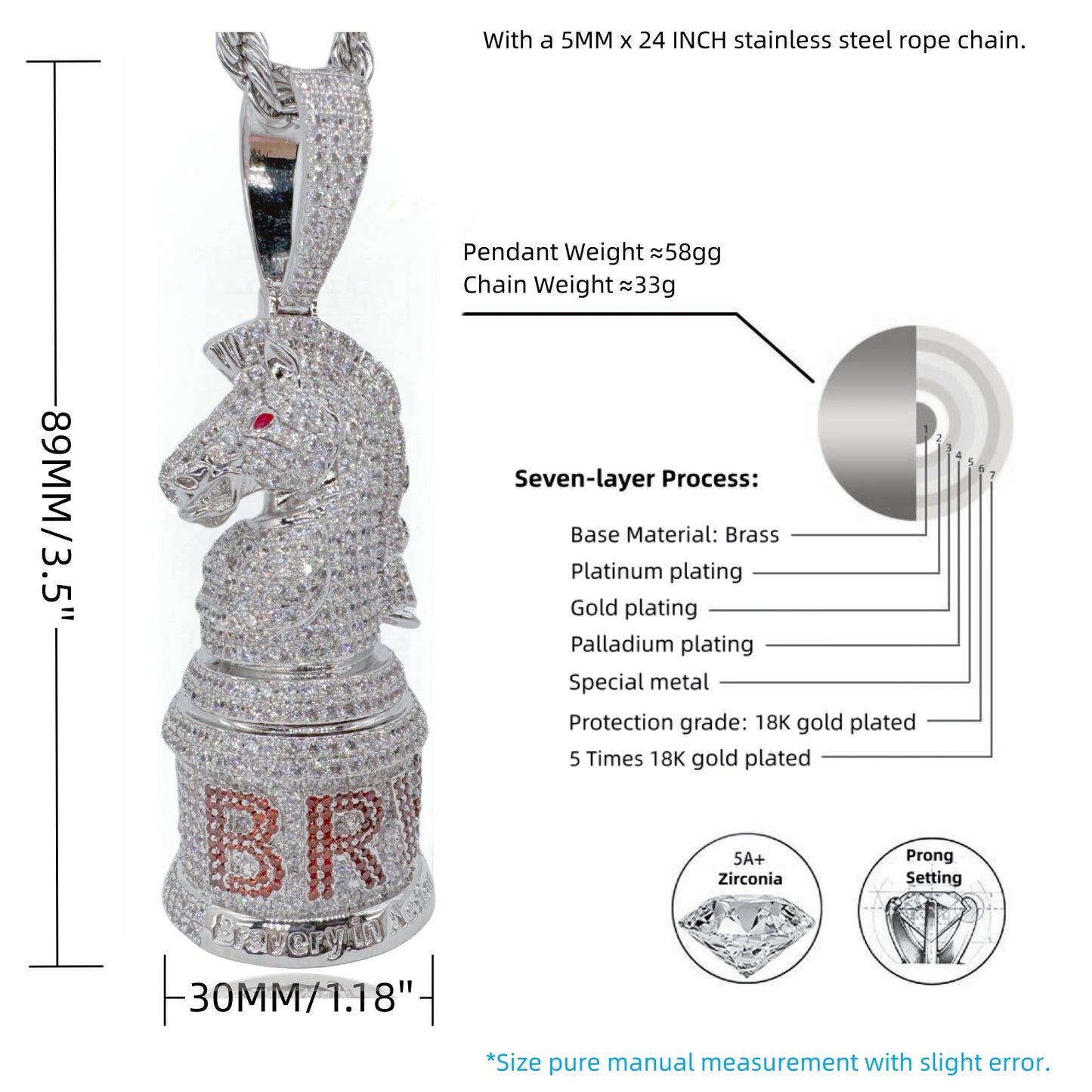 Size guide showing the dimensions of the BRAVERY First Move Knight pendant necklace.
