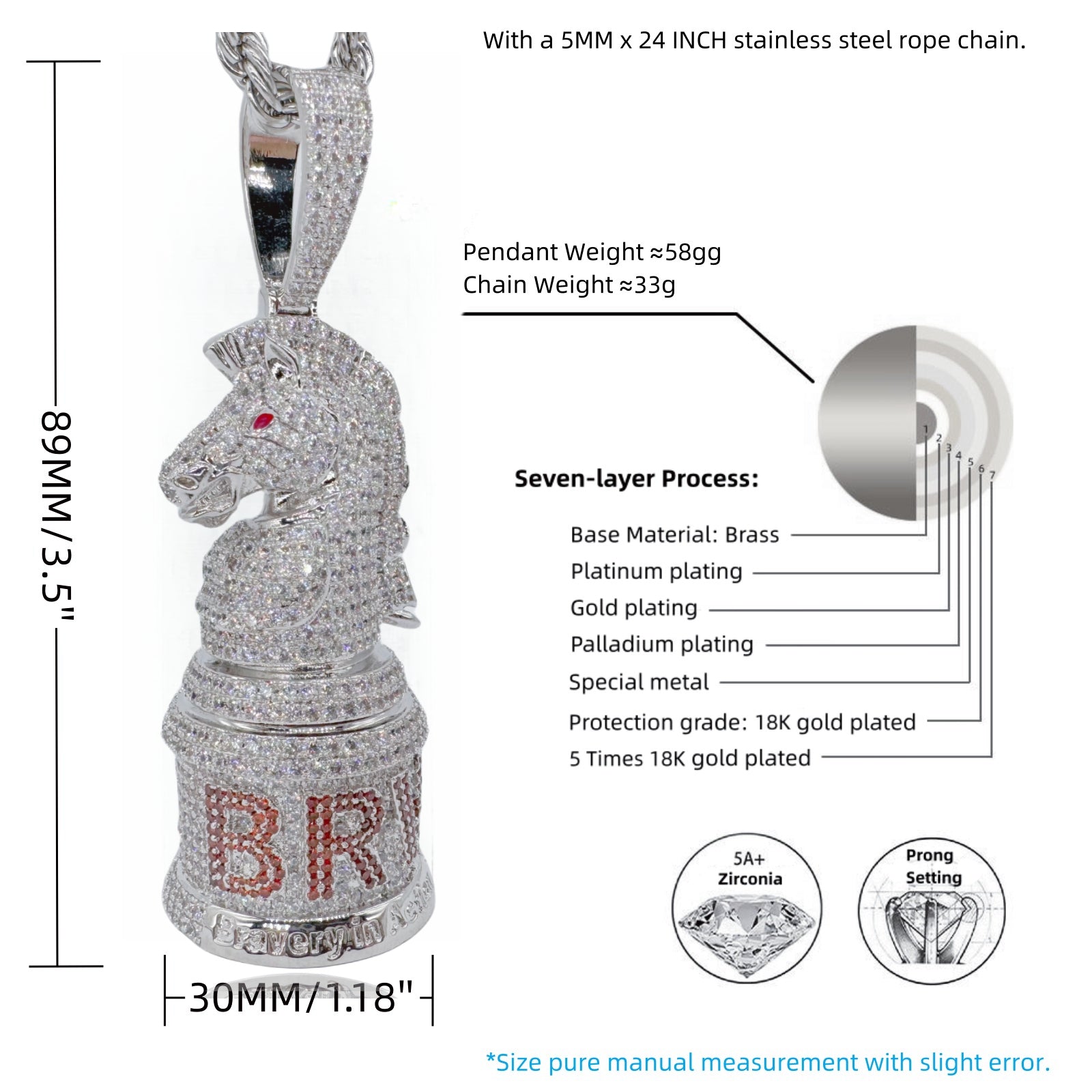 Size guide showing the dimensions of the BRAVERY First Move Knight pendant necklace.
