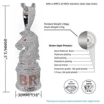 Size guide showing the dimensions of the BRAVERY First Move Knight pendant necklace.
