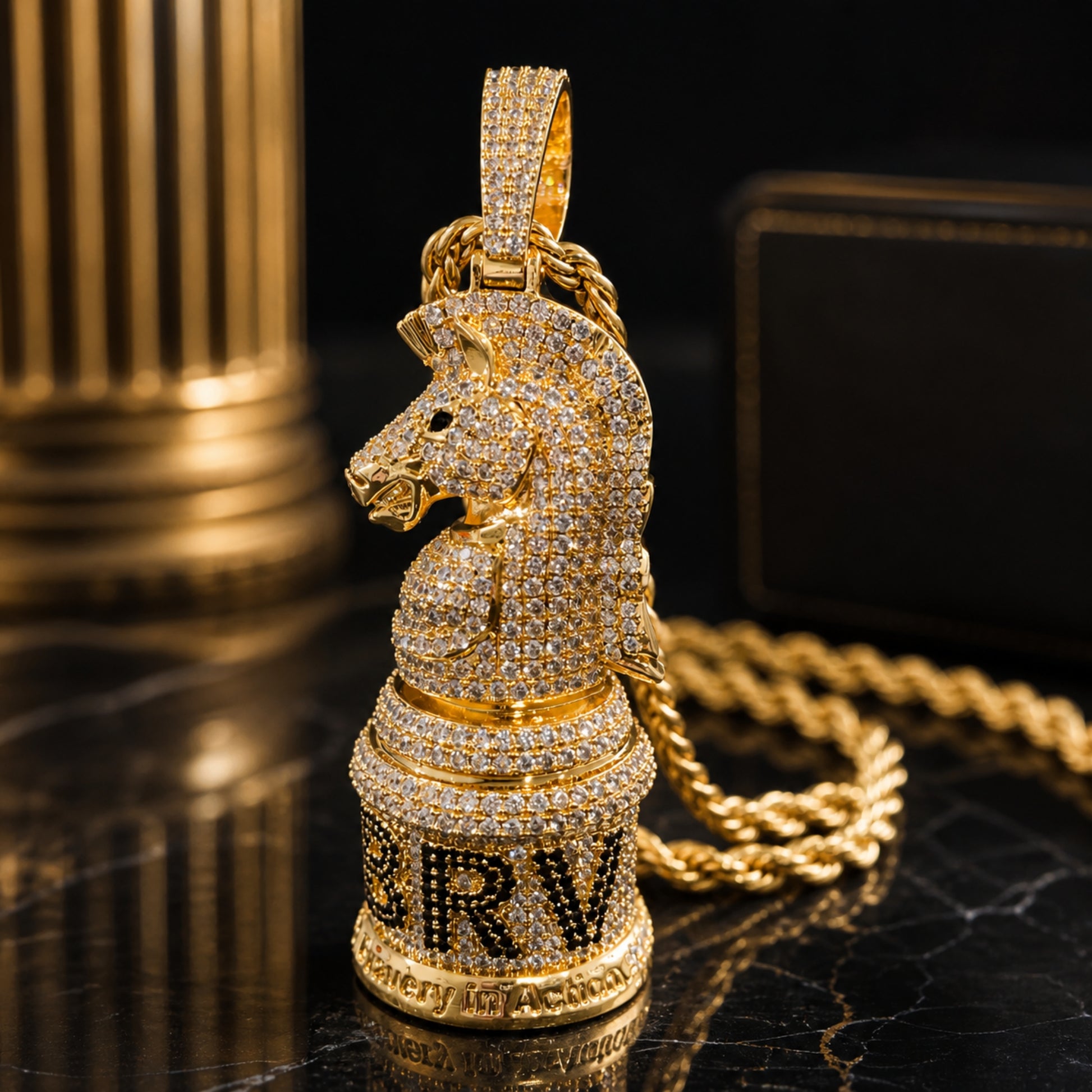 ICEDIAMOND BRAVERY First Move Knight pendant necklace in 18K gold plating with hand-set 5A cubic zirconia on a stainless steel rope chain.
