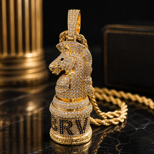 ICEDIAMOND BRAVERY First Move Knight pendant necklace in 18K gold plating with hand-set 5A cubic zirconia on a stainless steel rope chain.
