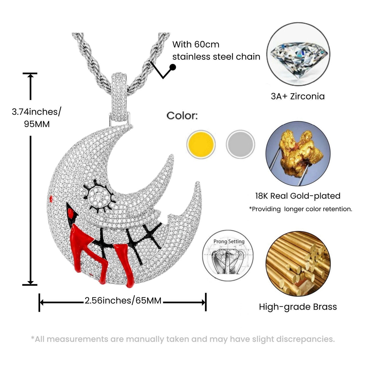 details and size of the crescent moon pendant with hand-set cubic zirconia