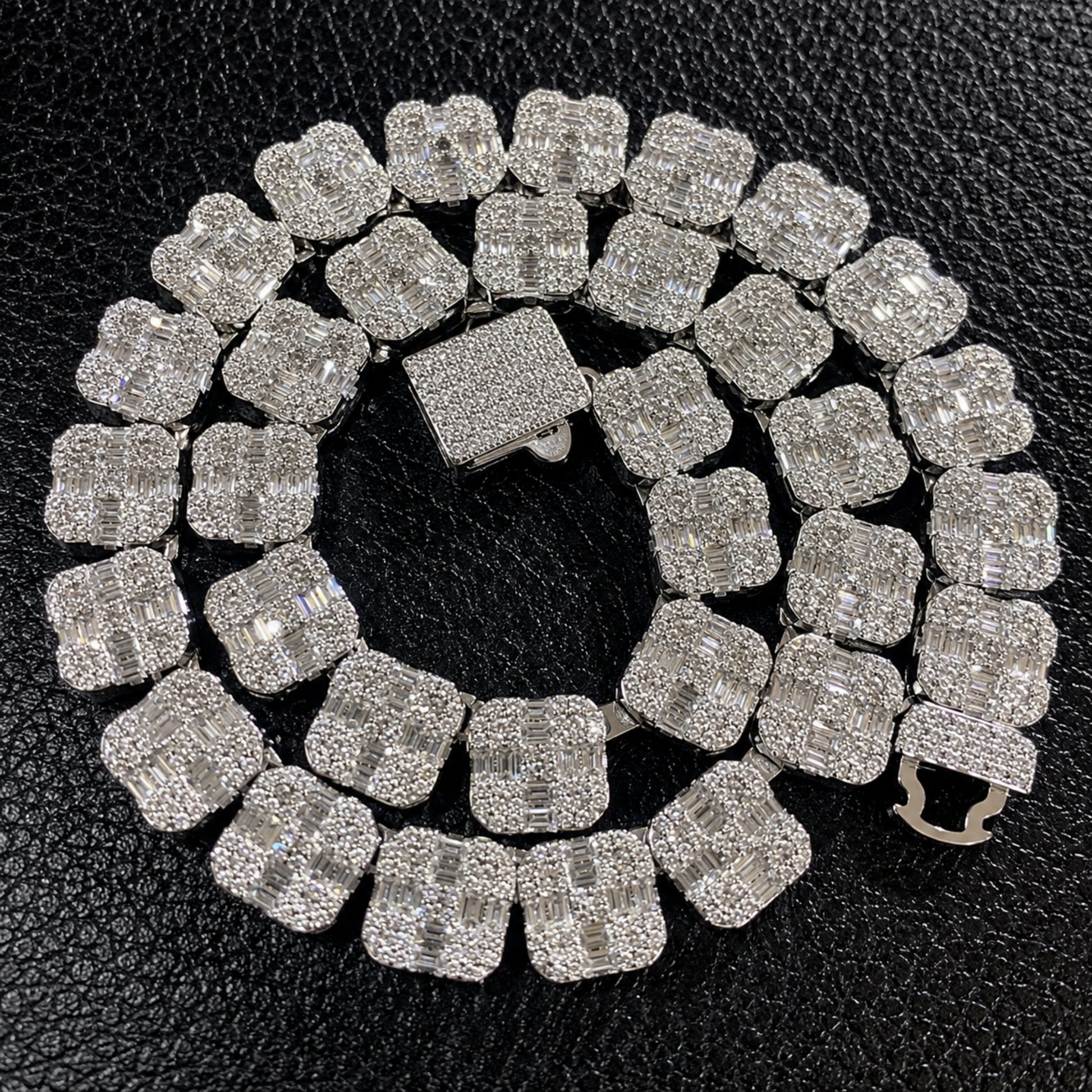 White gold tone 12mm iced baguette tennis chain necklace