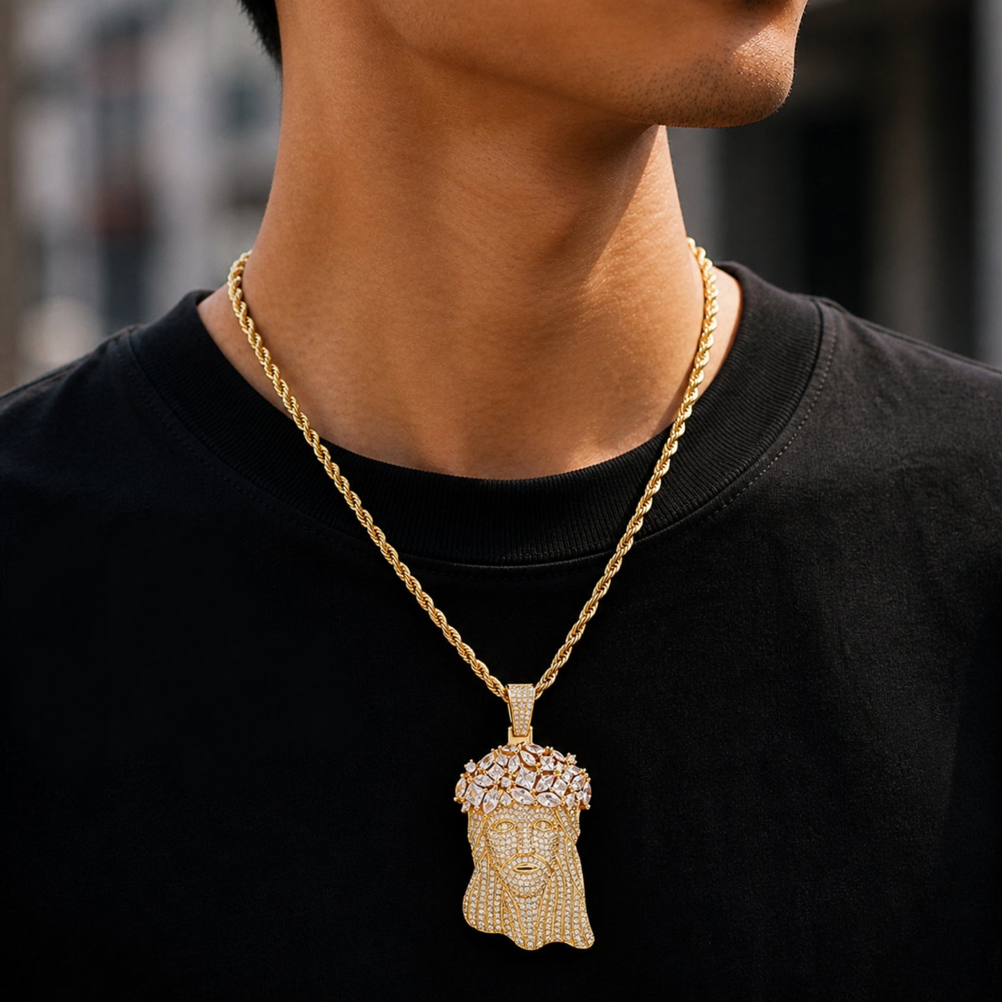 Model wearing the ICEDIAMOND CROWN YOUR FAITH Jesus pendant necklace
