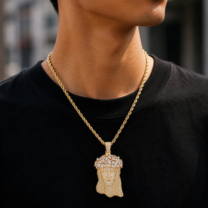 Model wearing the ICEDIAMOND CROWN YOUR FAITH Jesus pendant necklace
