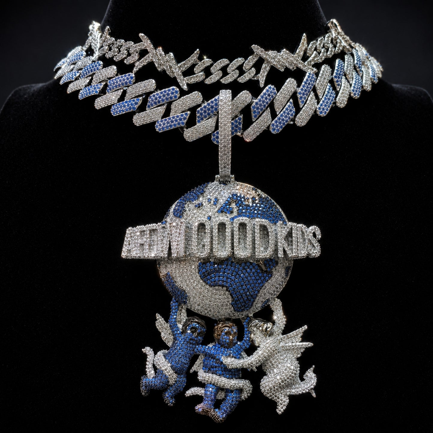 the ICEDIAMOND KEEP YOUR COOL blue and white iced Cuban chain fit with the LIFT THE WORLD Jumbo Globe Pendant