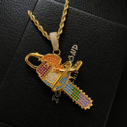 Close-up of colorful hand-set cubic zirconia on the chainsaw pendant
