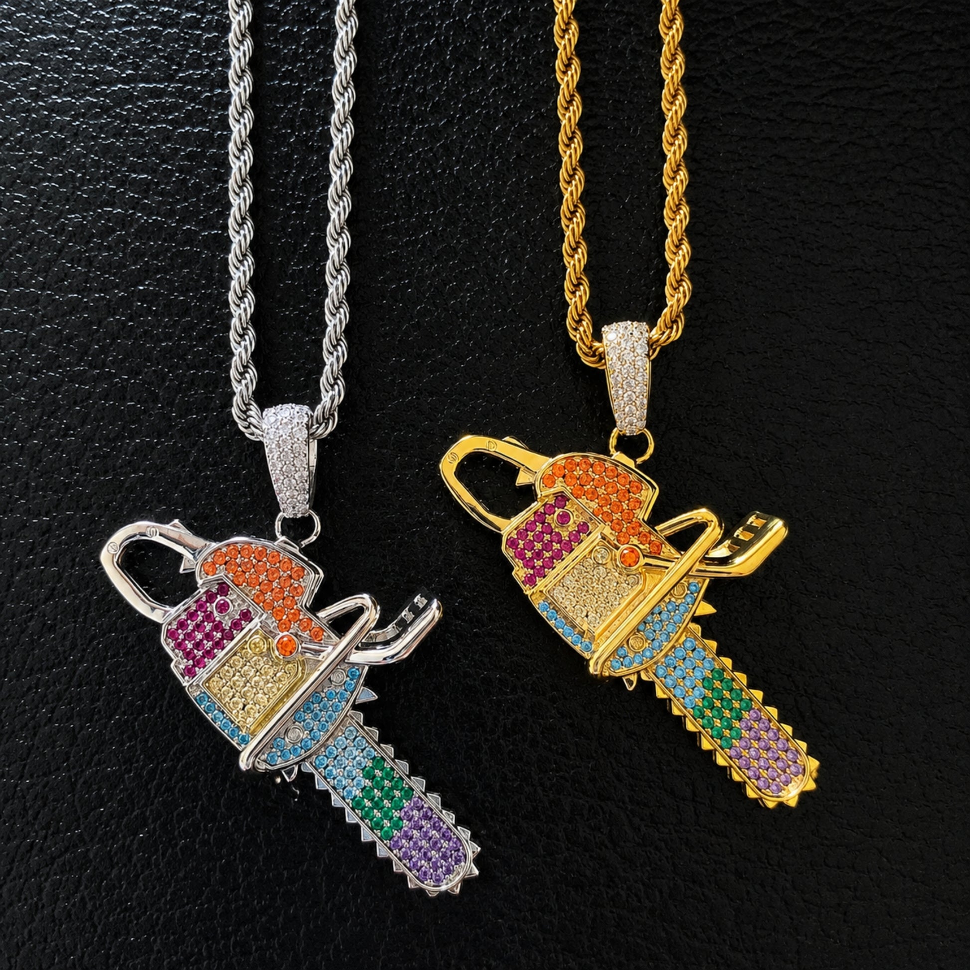 18K gold and white gold finish iced out ICEDIAMOND CUT THROUGH PREJUDICE colorful chainsaw pendant necklace

