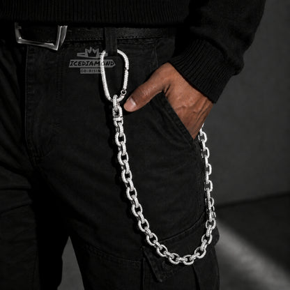 Premium iced out carabiner key clip attached to a belt loop for everyday carry
