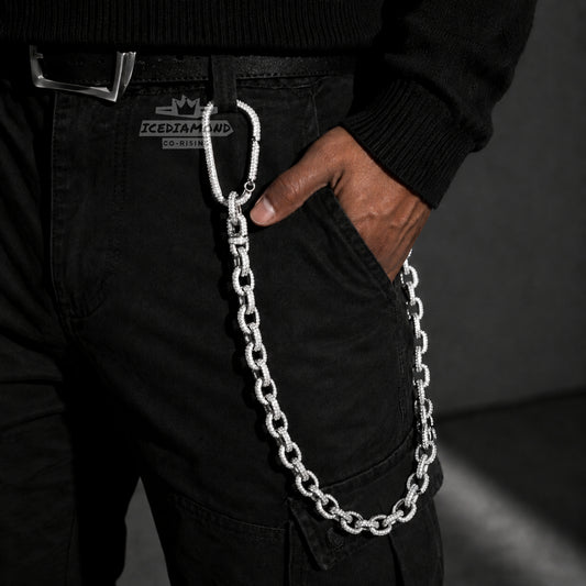 Premium iced out carabiner key clip attached to a belt loop for everyday carry
