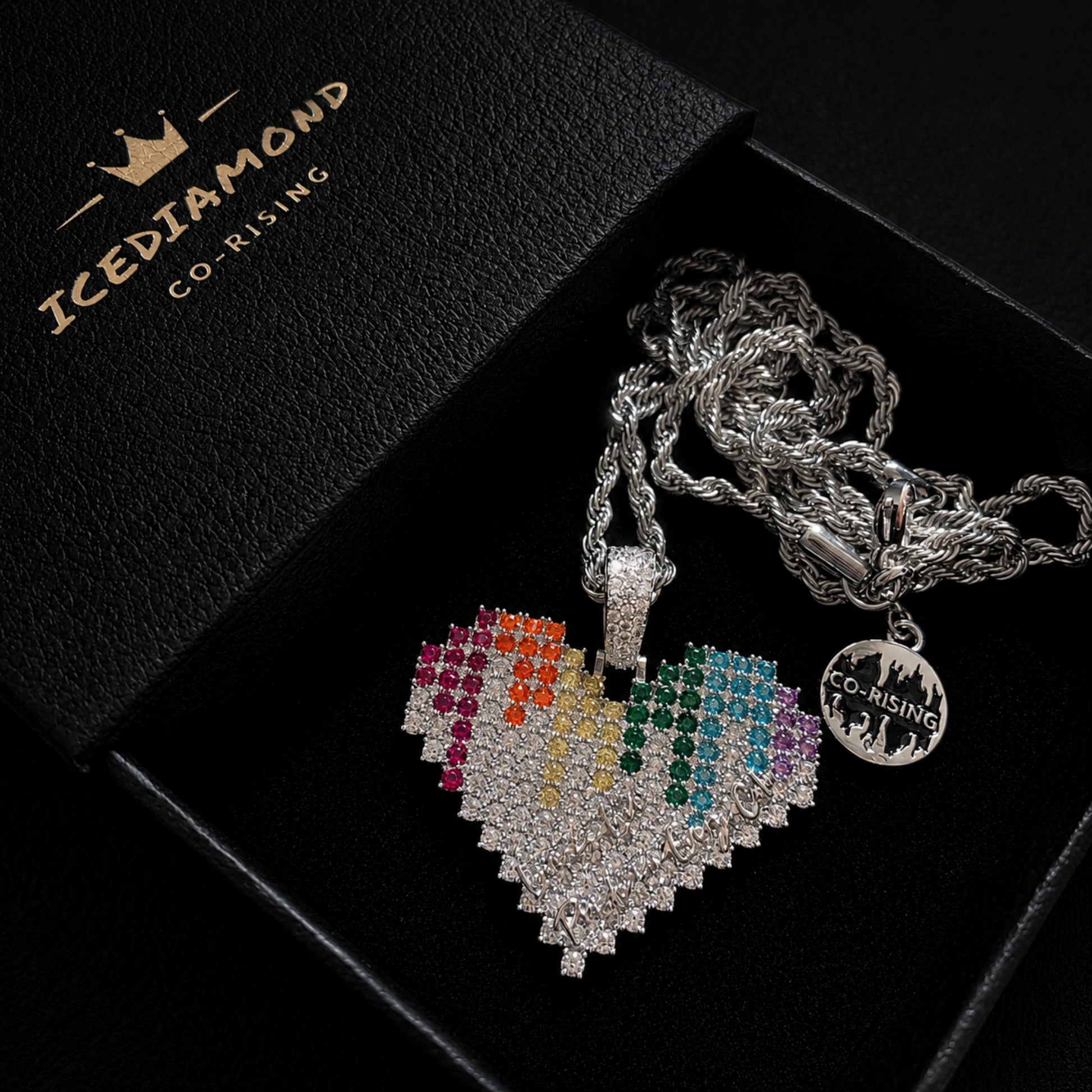 Spectrum heart pendant necklace presented as a meaningful luxury jewelry gift

