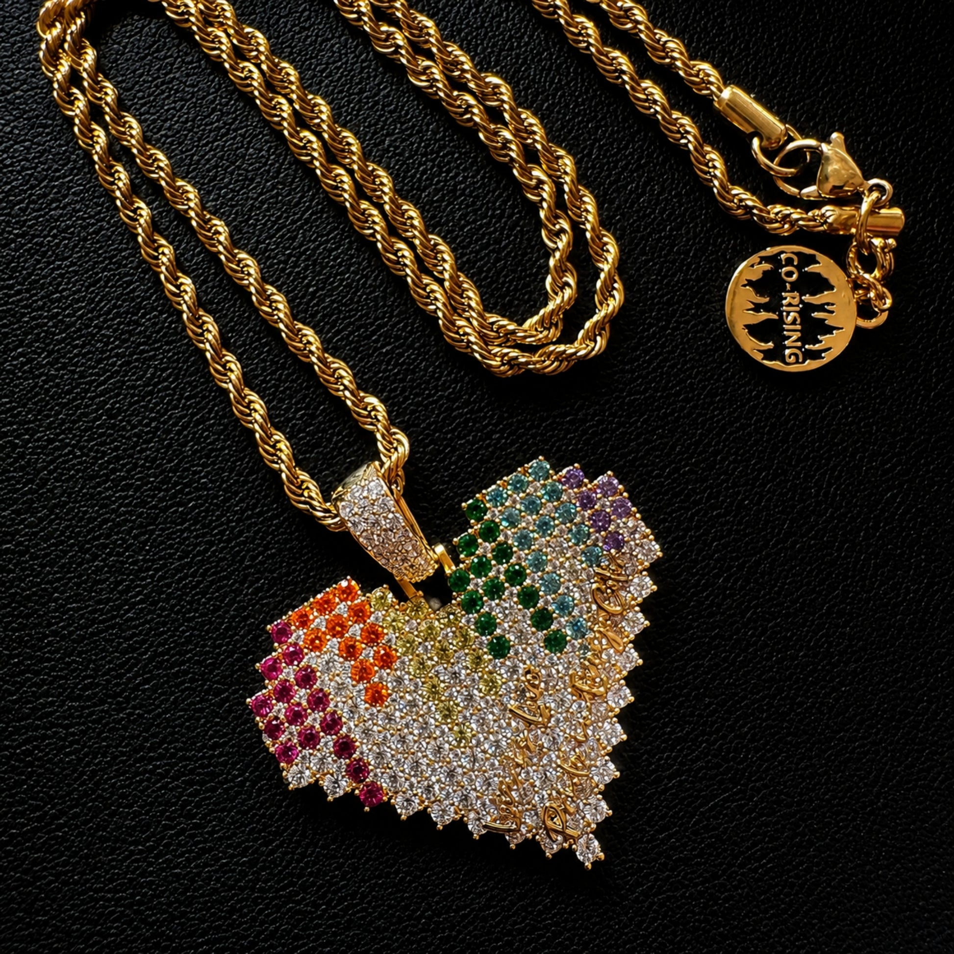 18K gold plated spectrum heart pendant necklace with stainless steel rope chain
