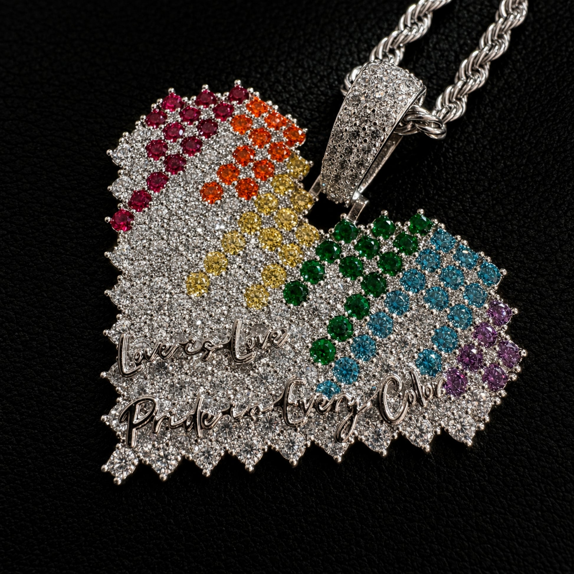 Detailed view of the spectrum heart pendant featuring brilliant micro pavé cubic zirconia
