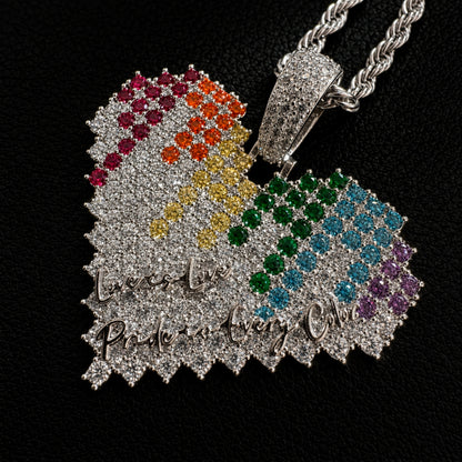 Detailed view of the spectrum heart pendant featuring brilliant micro pavé cubic zirconia
