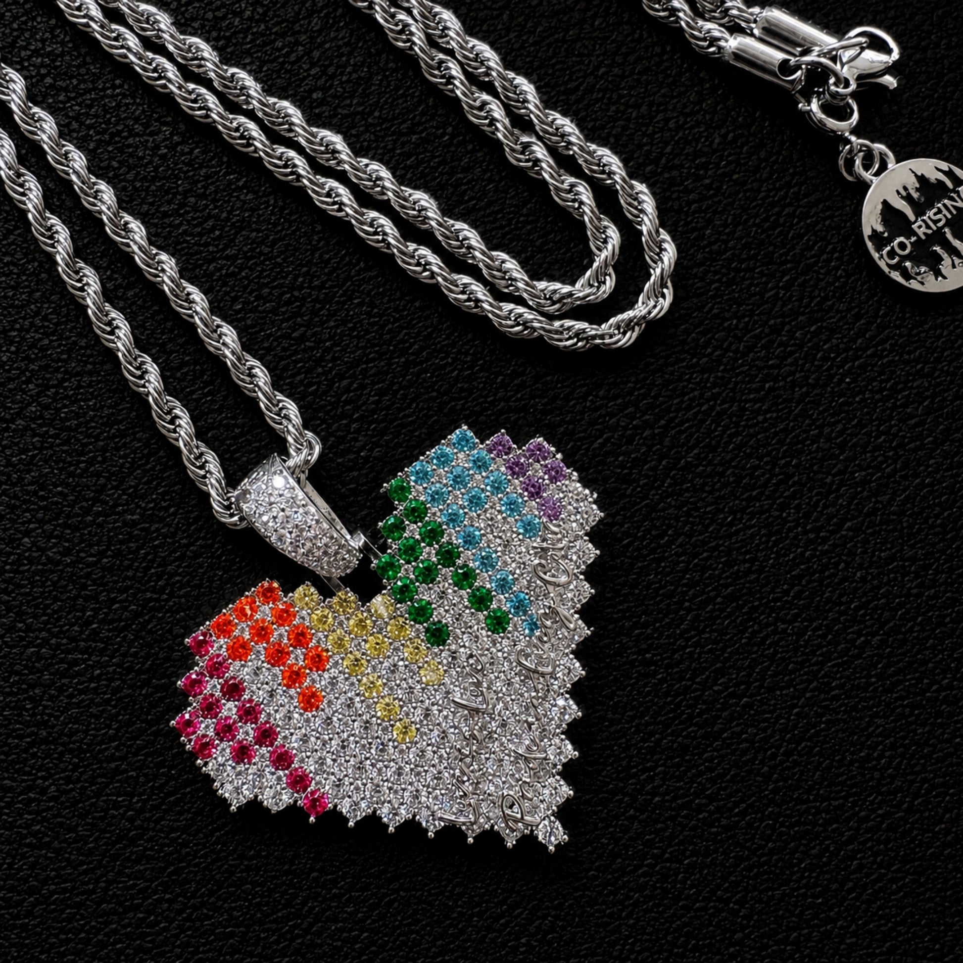 White gold plated spectrum heart pendant necklace with colorful stones and rope chain
