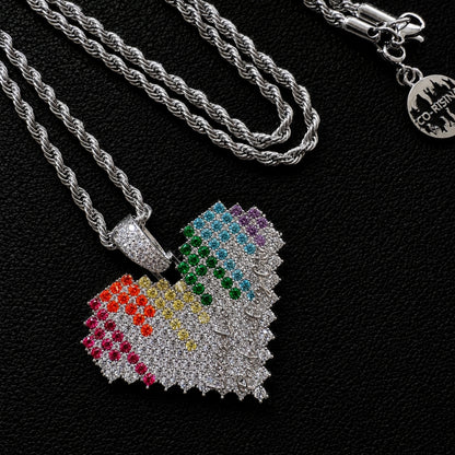 White gold plated spectrum heart pendant necklace with colorful stones and rope chain
