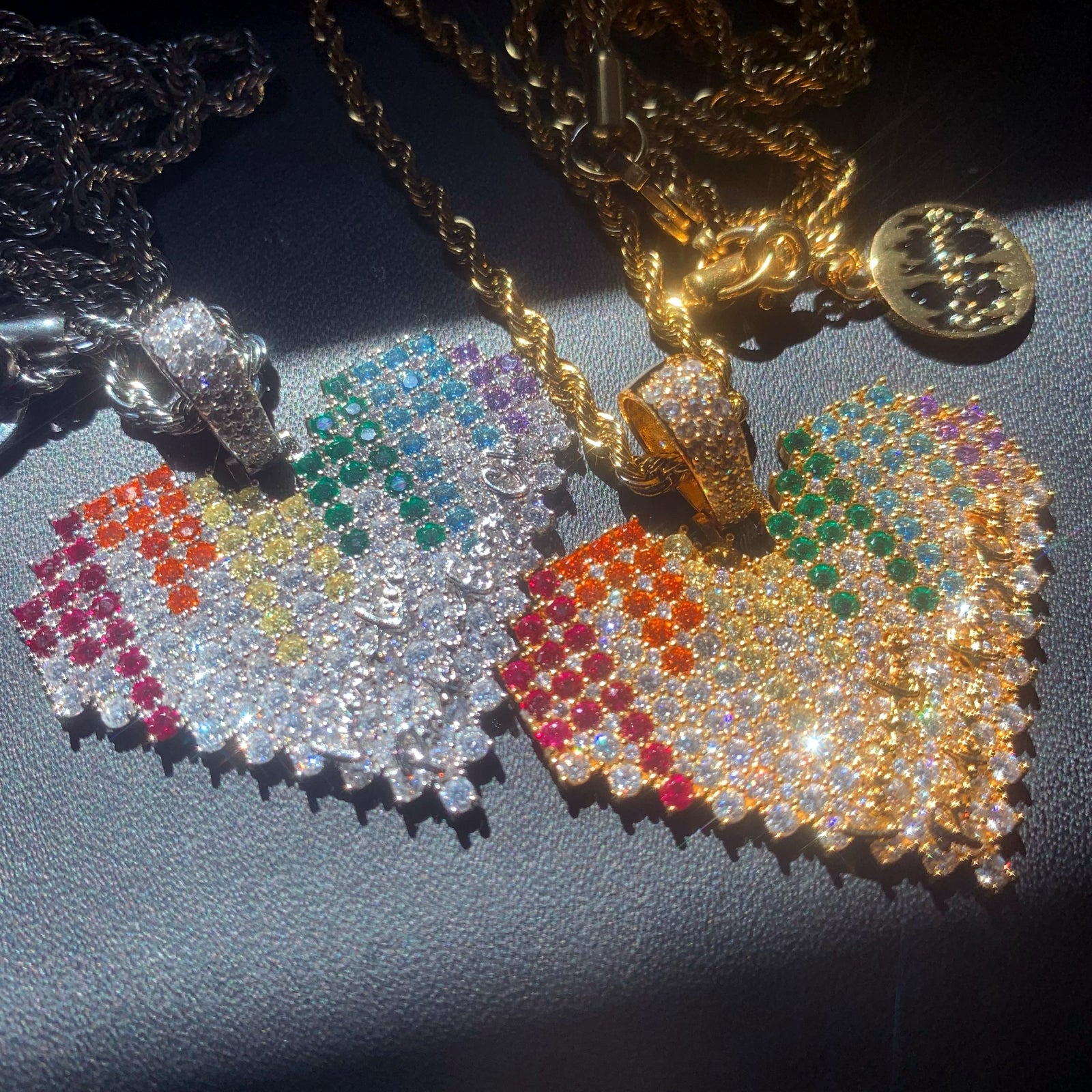 ICEDIAMOND DIFFERENT TOGETHER spectrum heart pendant necklace front view with colorful 5A cubic zirconia stones
