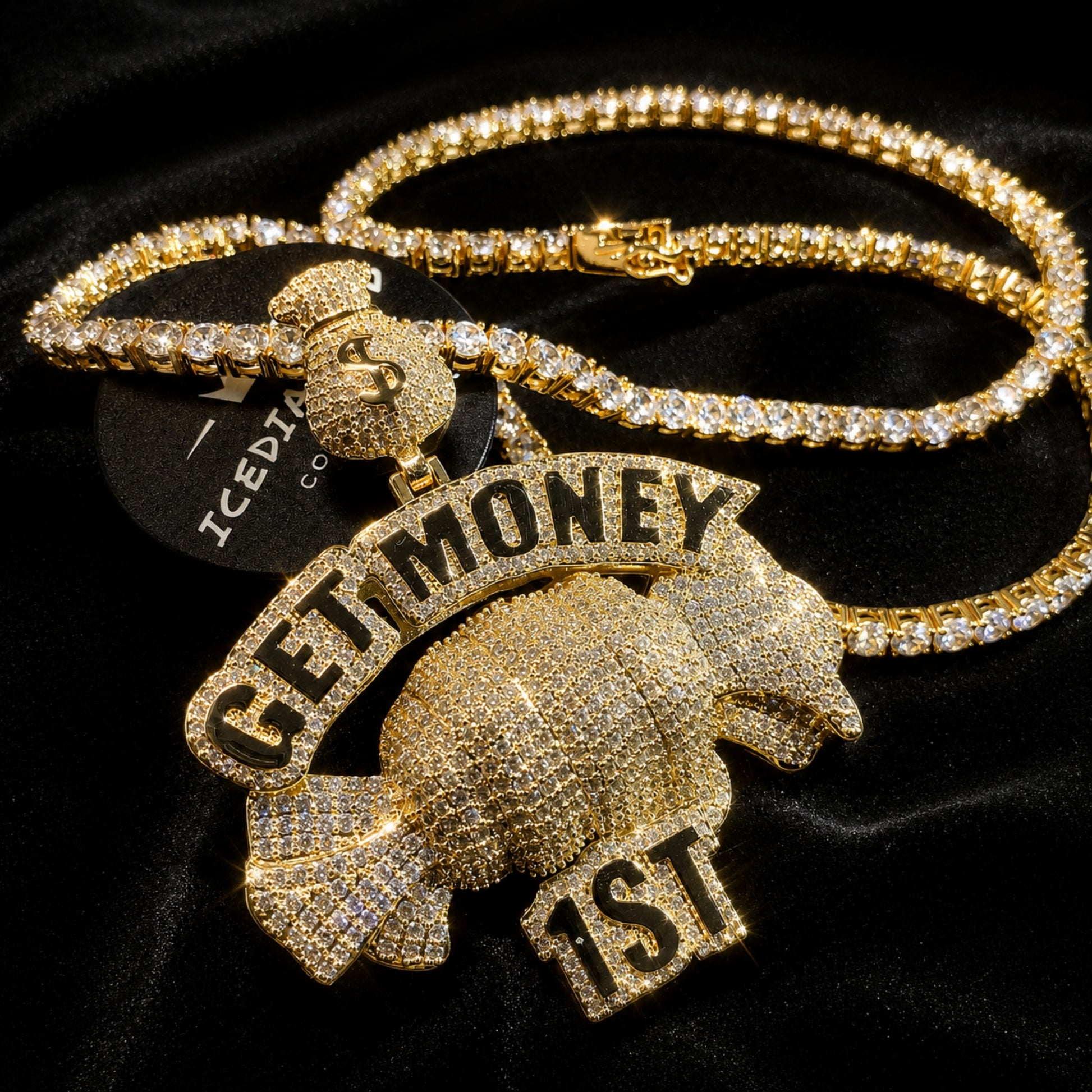 ICEDIAMOND EARN YOUR WAY candy money bag pendant with 4mm iced out tennis link chain