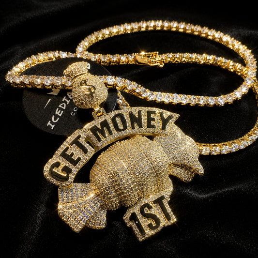 ICEDIAMOND EARN YOUR WAY candy money bag pendant with 4mm iced out tennis link chain