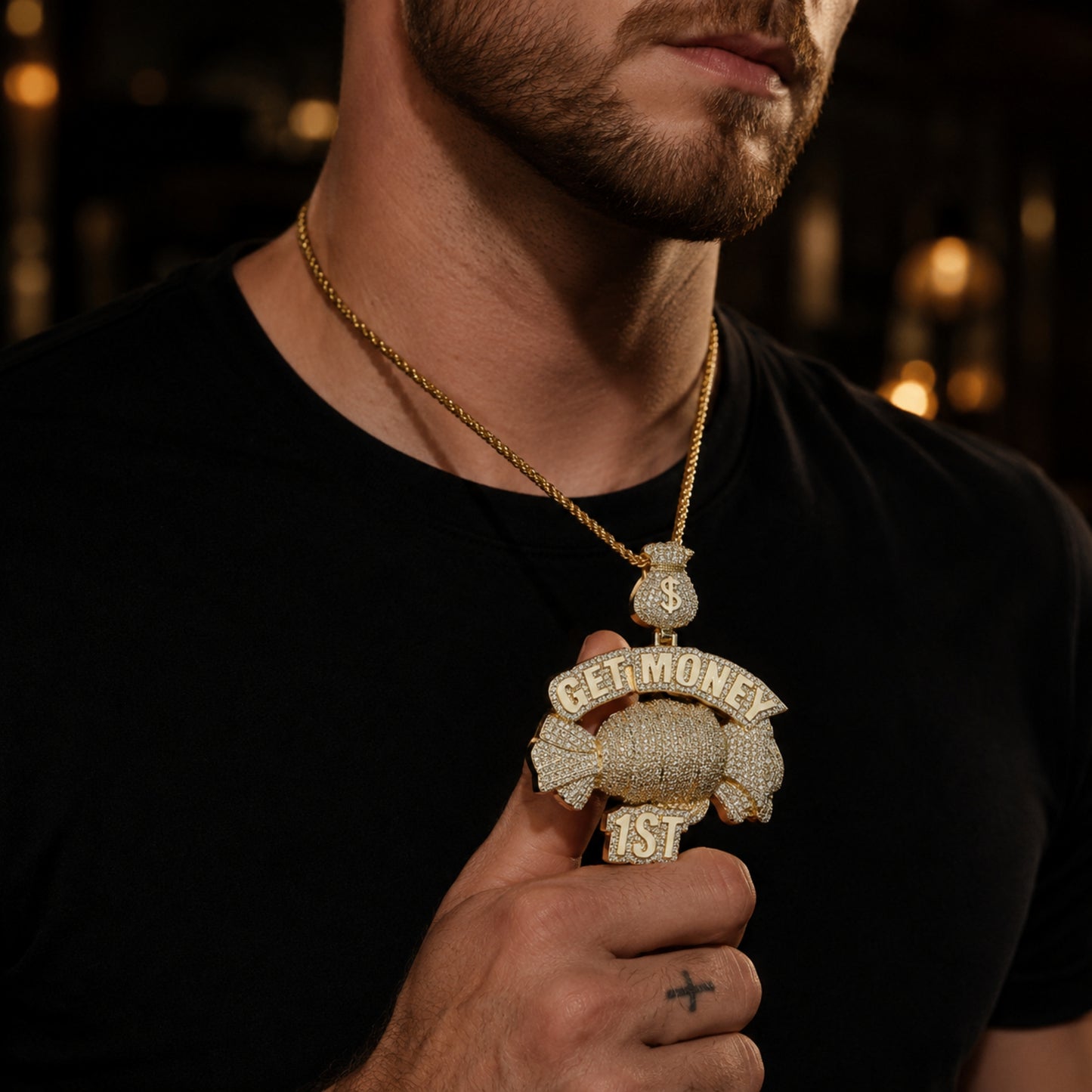 Model wearing the ICEDIAMOND EARN YOUR WAY candy money bag pendant necklace

