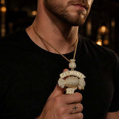 Model wearing the ICEDIAMOND EARN YOUR WAY candy money bag pendant necklace
