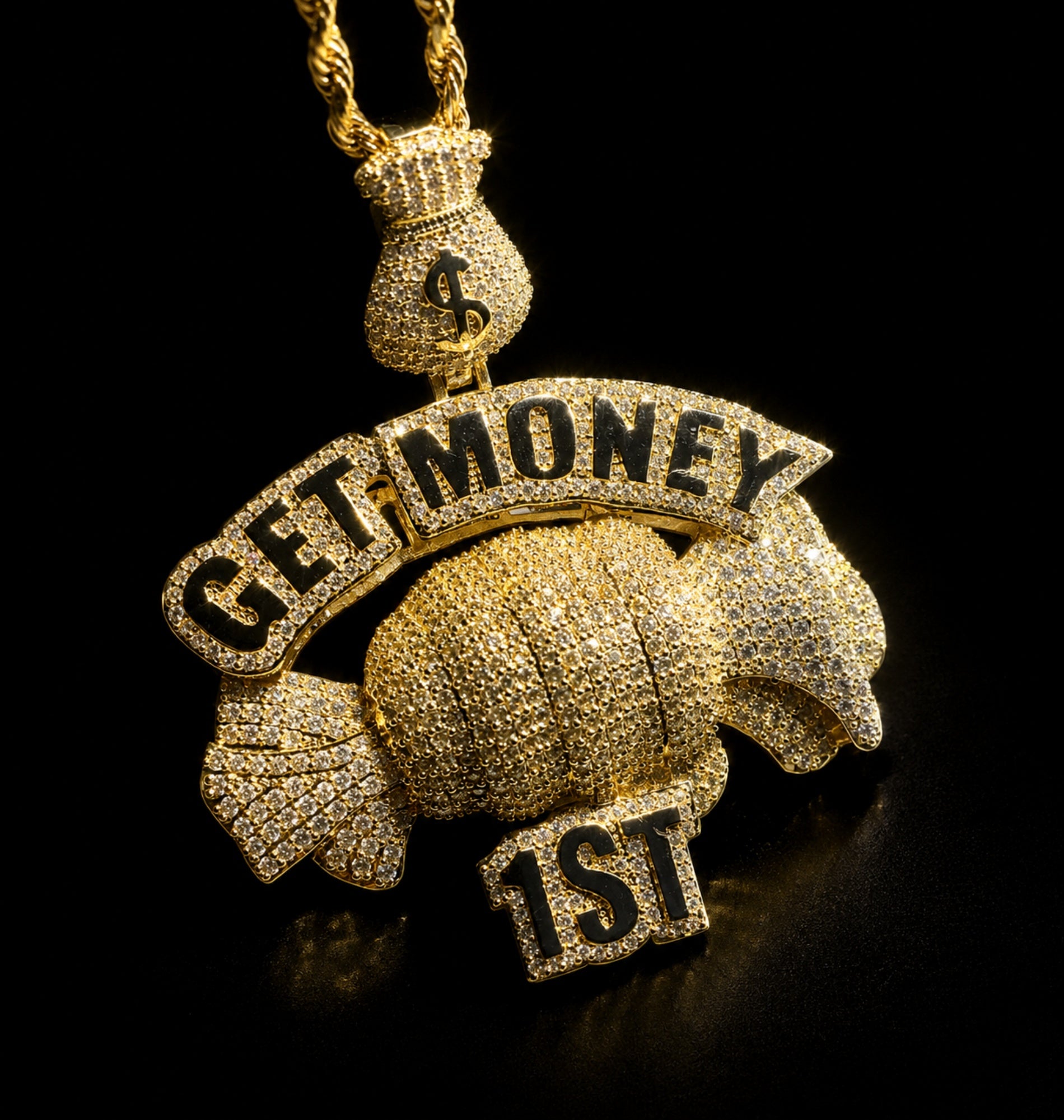 Front view of the ICEDIAMOND candy money bag pendant with cubic zirconia

