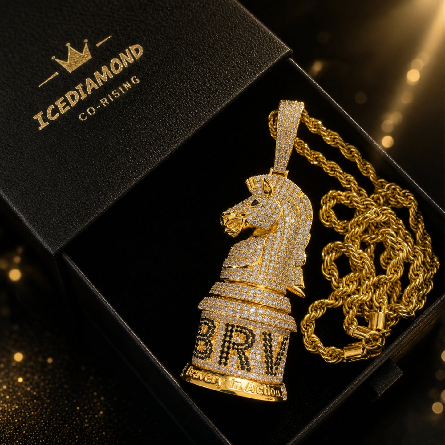 ICEDIAMOND BRAVERY knight pendant necklace presented in premium gift packaging.
