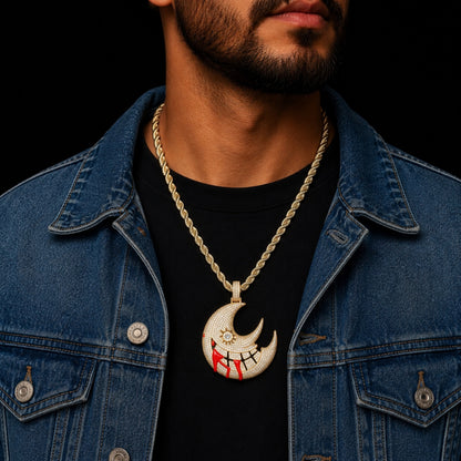 Male model wearing the ICEDIAMOND 18k gold plate crescent moon pendant necklace
 