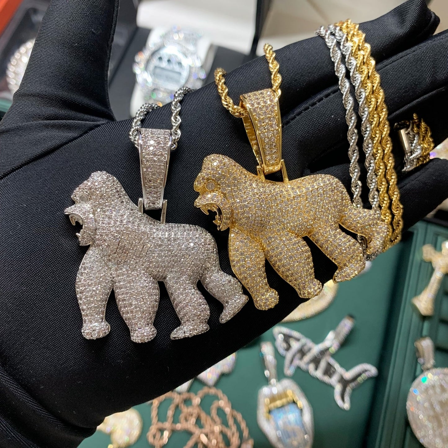 ICEDIAMOND HOLD YOUR GROUND iced out gorilla pendant necklace front view

