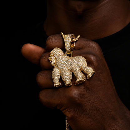 Lifestyle photo of the HOLD YOUR GROUND gorilla pendant necklace with streetwear styling

