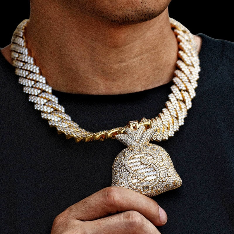 Men's iced money bag pendant necklace styled with streetwear