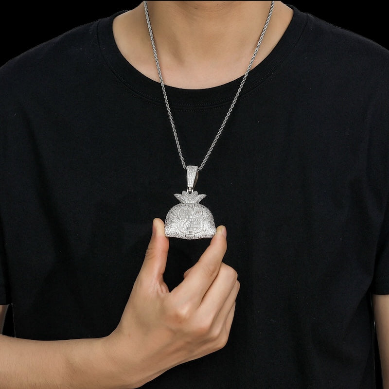 Iced money bag pendant necklace for men with rope chain