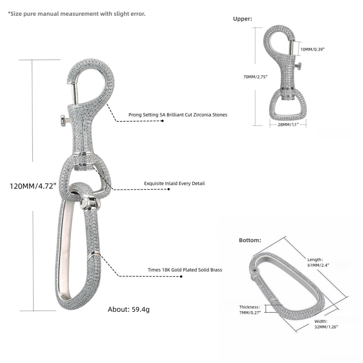 Luxury carabiner key clip dimensions, detachable dual-carabiner construction and product specifications
