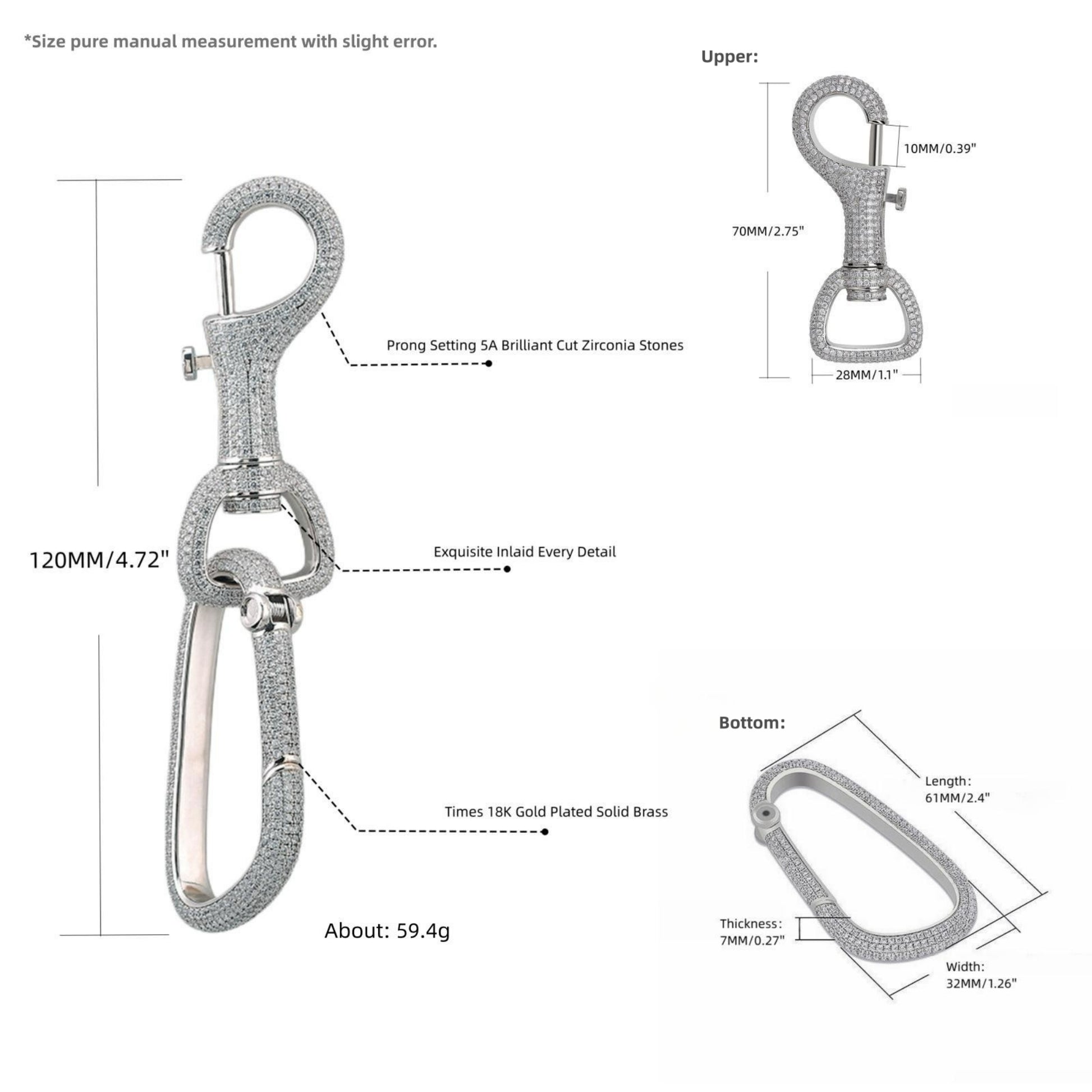 Luxury carabiner key clip dimensions, detachable dual-carabiner construction and product specifications
