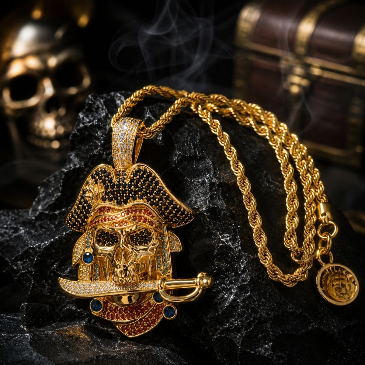 Gold tone iced pirate skull pendant with colored cubic zirconia accents