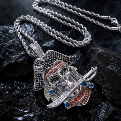 White gold tone pirate skull pendant with red blue black and clear CZ stones