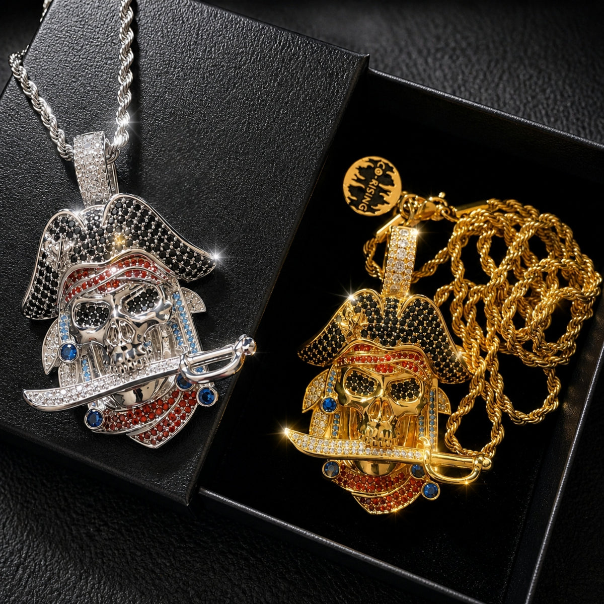 ICEDIAMOND STORM MADE iced pirate skull pendant necklace front view