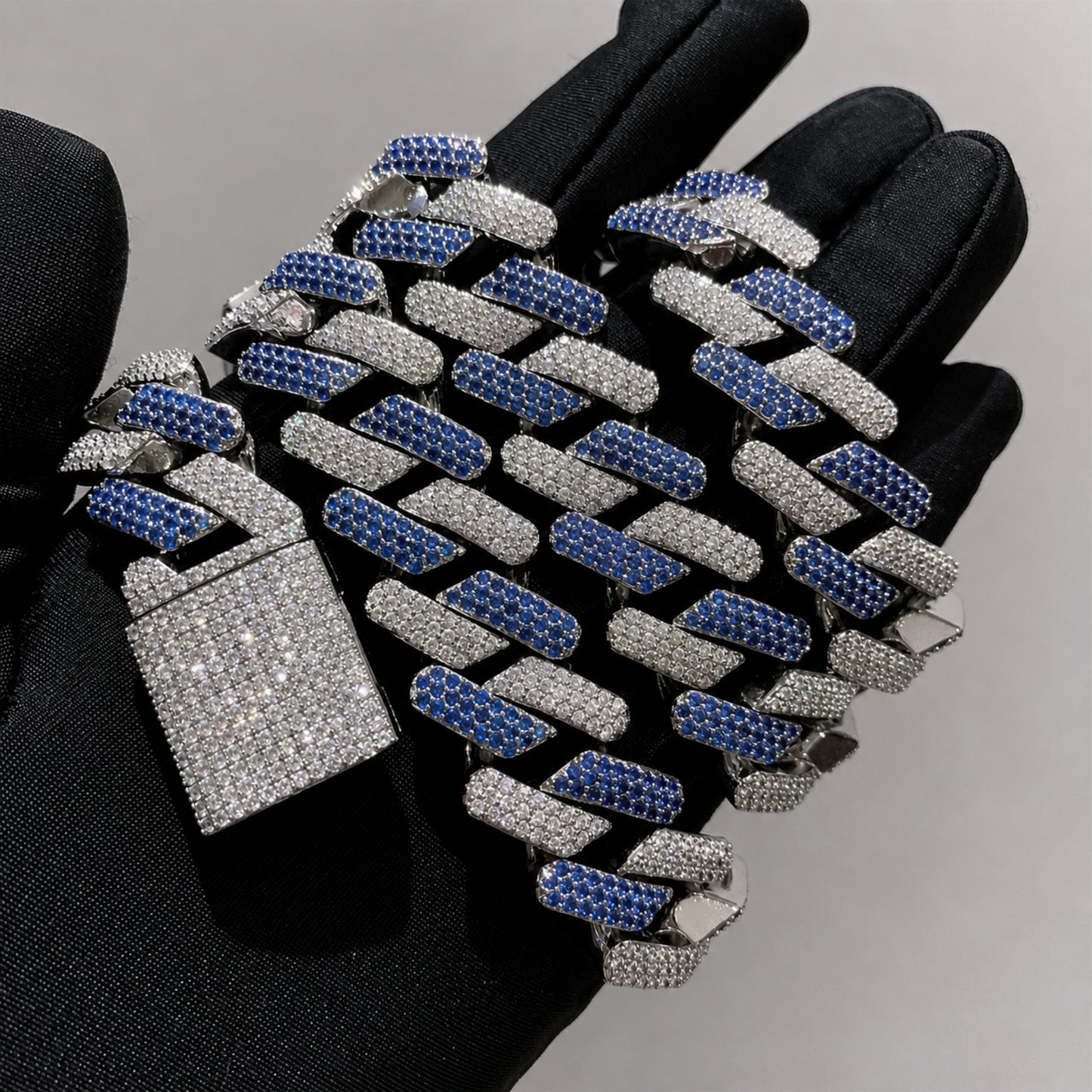 Blue and clear brilliant-cut 5A cubic zirconia hand-set on the KEEP YOUR COOL Cuban chain.

