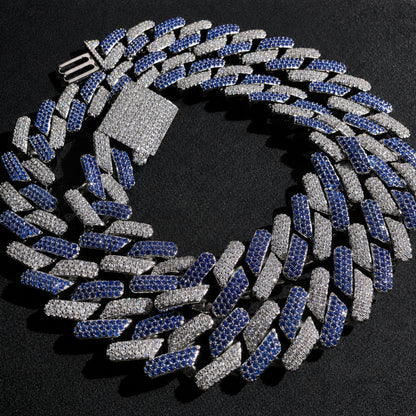Close-up of the KEEP YOUR COOL Cuban chain showing blue and clear hand-set 5A cubic zirconia.
