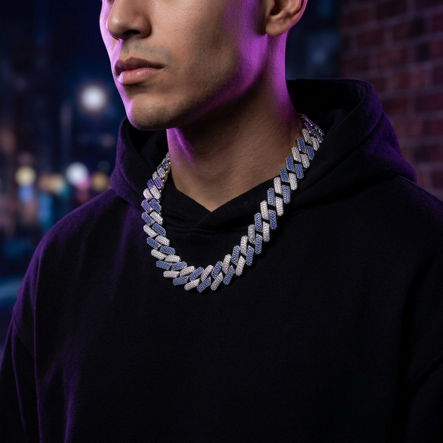 Male model wearing the ICEDIAMOND KEEP YOUR COOL blue and white iced Cuban chain necklace.
