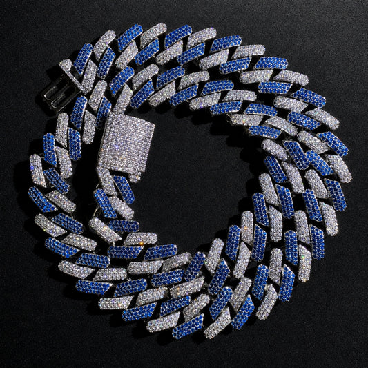 ICEDIAMOND KEEP YOUR COOL blue and white iced Cuban chain in 18K white gold plating with hand-set 5A cubic zirconia.
