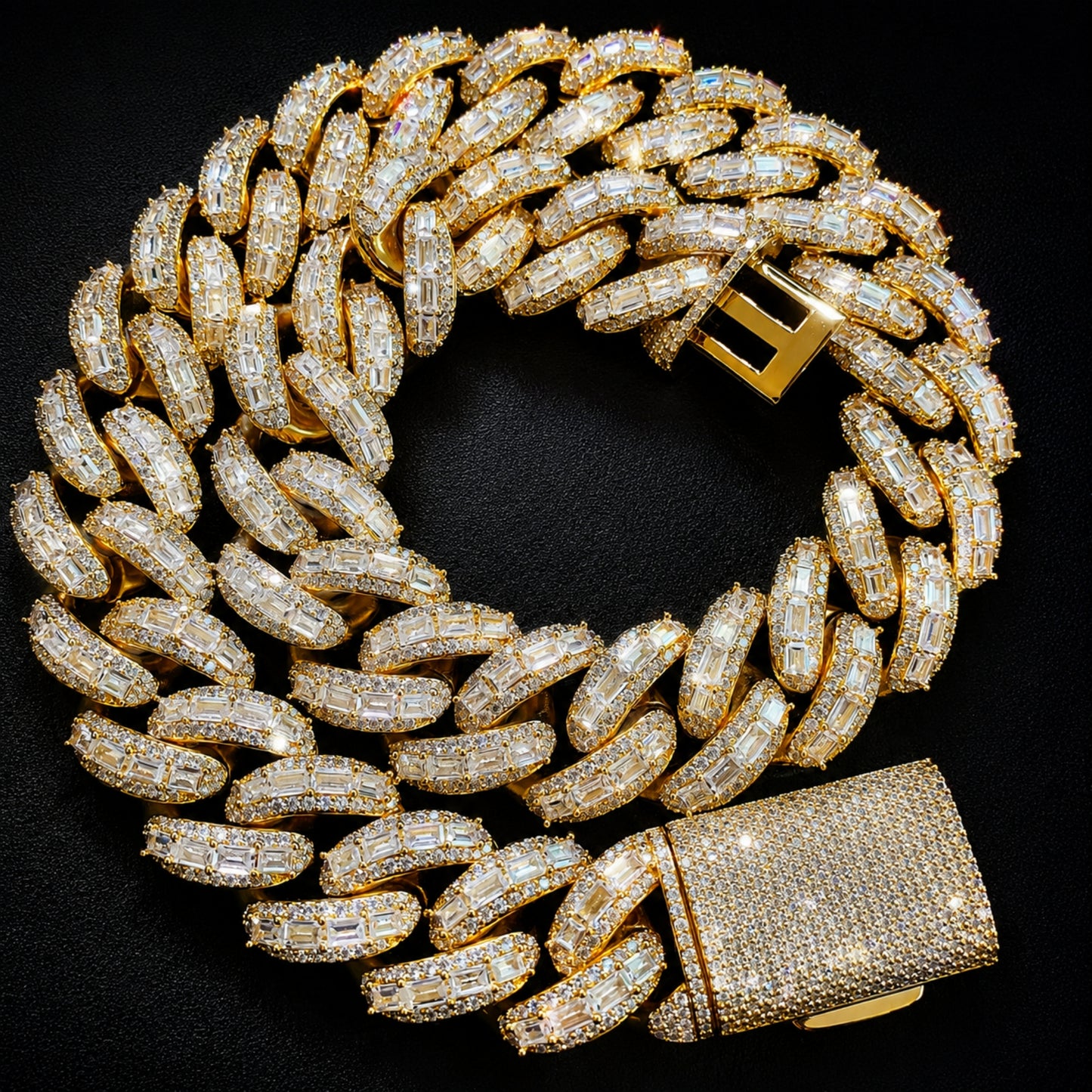 Gold tone 25mm baguette iced Cuban chain with oversized sculpted links
