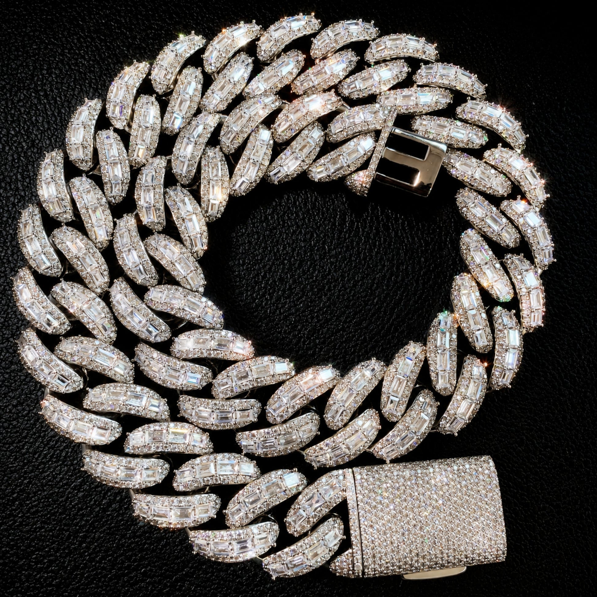 White gold tone 25mm bubble baguette Cuban chain necklace