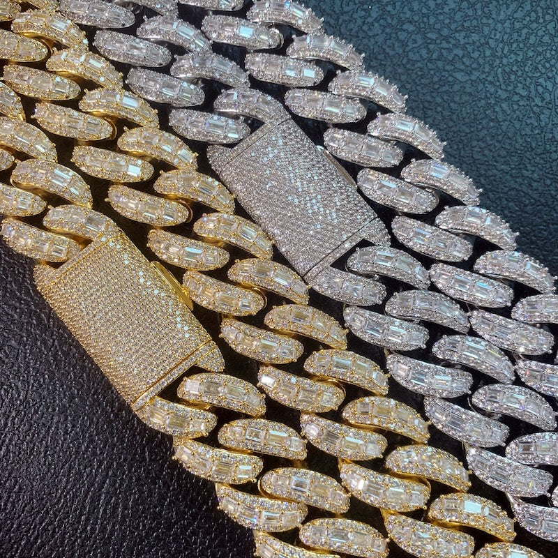 5A+ baguette cubic zirconia setting across sculpted Cuban links
