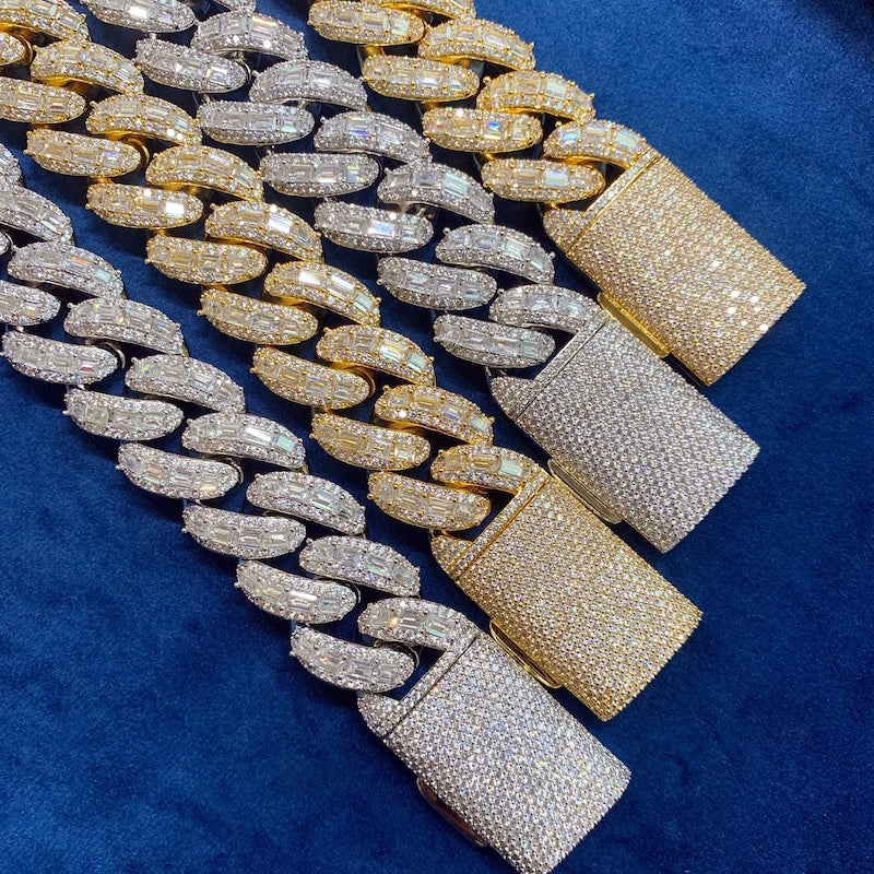 Close-up of raised Cuban links with baguette and pavé cubic zirconia