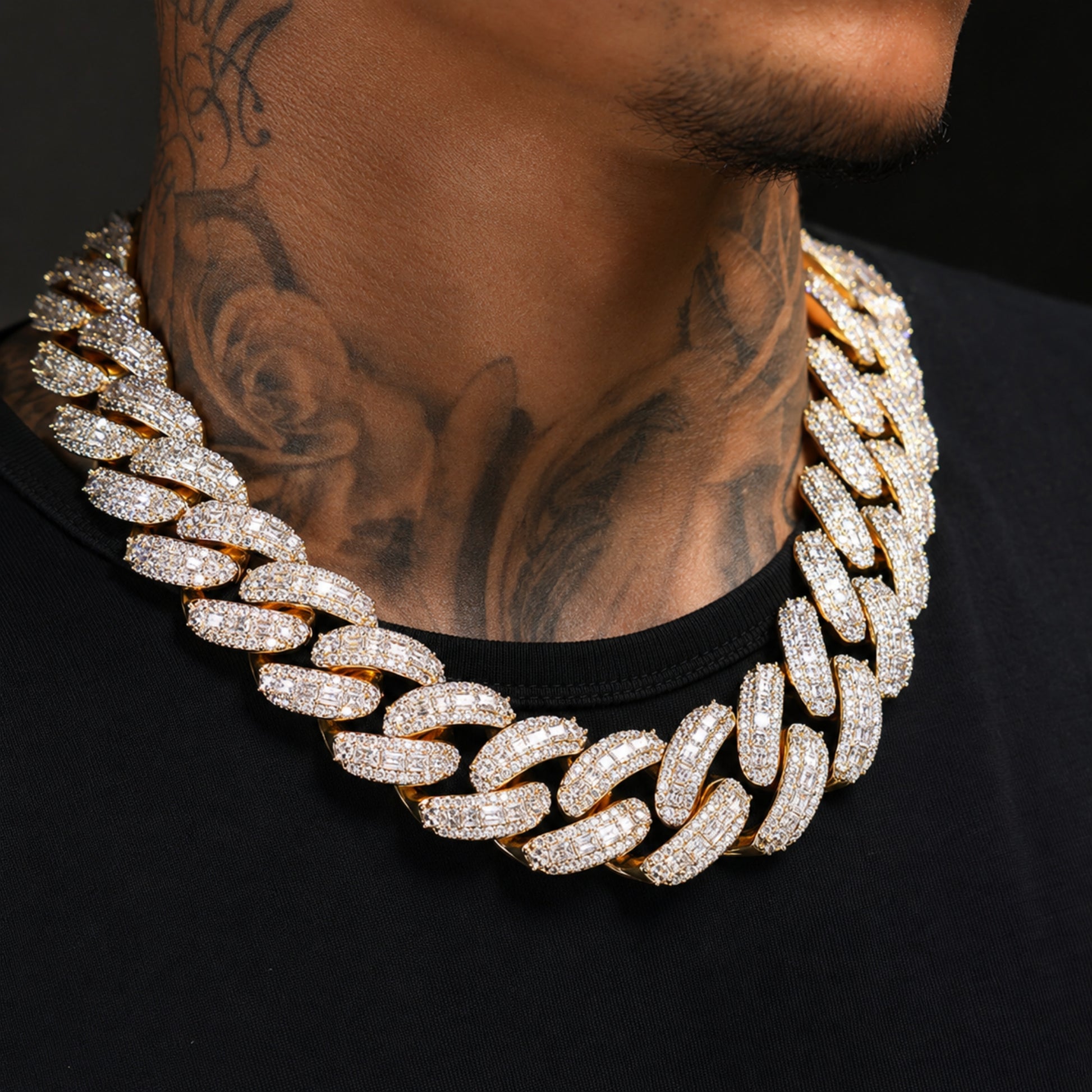 Model wearing oversized 25mm iced Cuban chain necklace