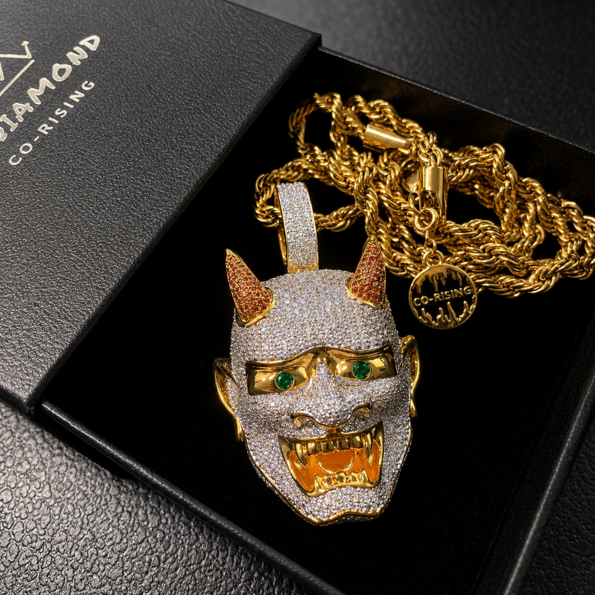 ICEDIAMOND LET LIGHT IN Oni mask pendant necklace in premium gift packaging.
