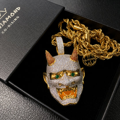 ICEDIAMOND LET LIGHT IN Oni mask pendant necklace in premium gift packaging.
