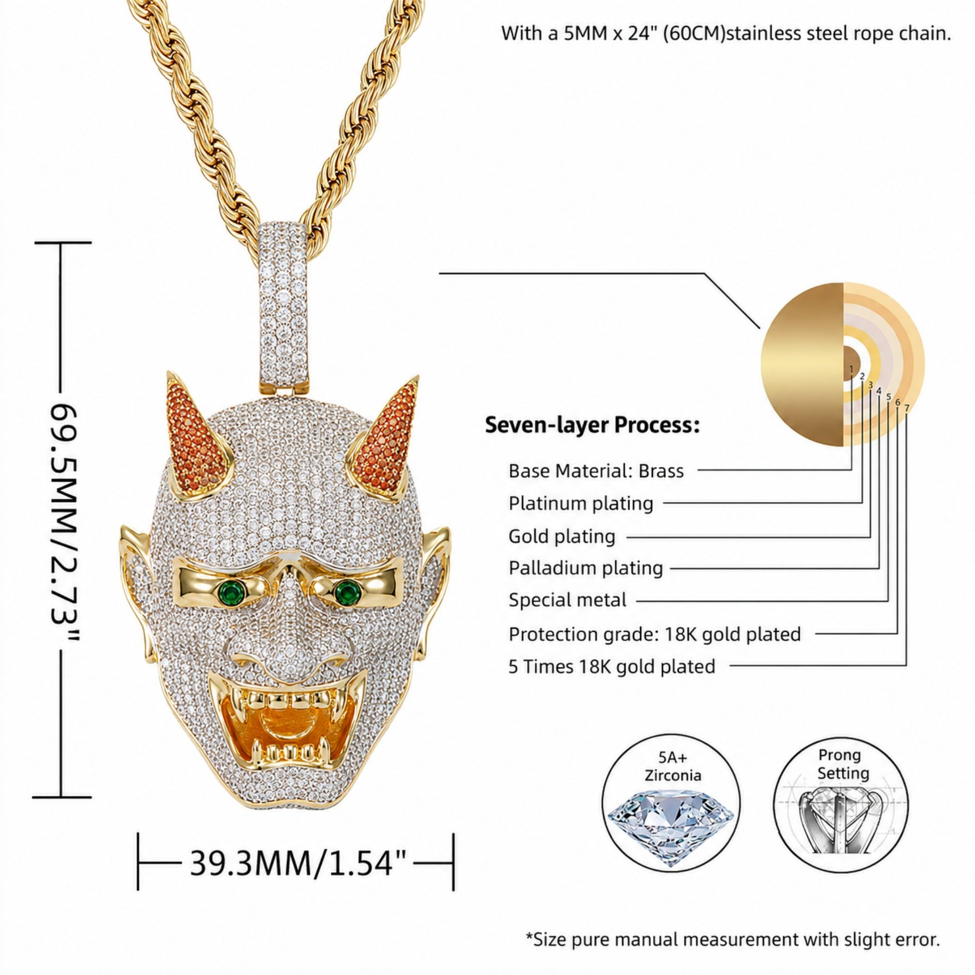 Size guide showing the dimensions of the LET LIGHT IN Oni mask pendant necklace.
