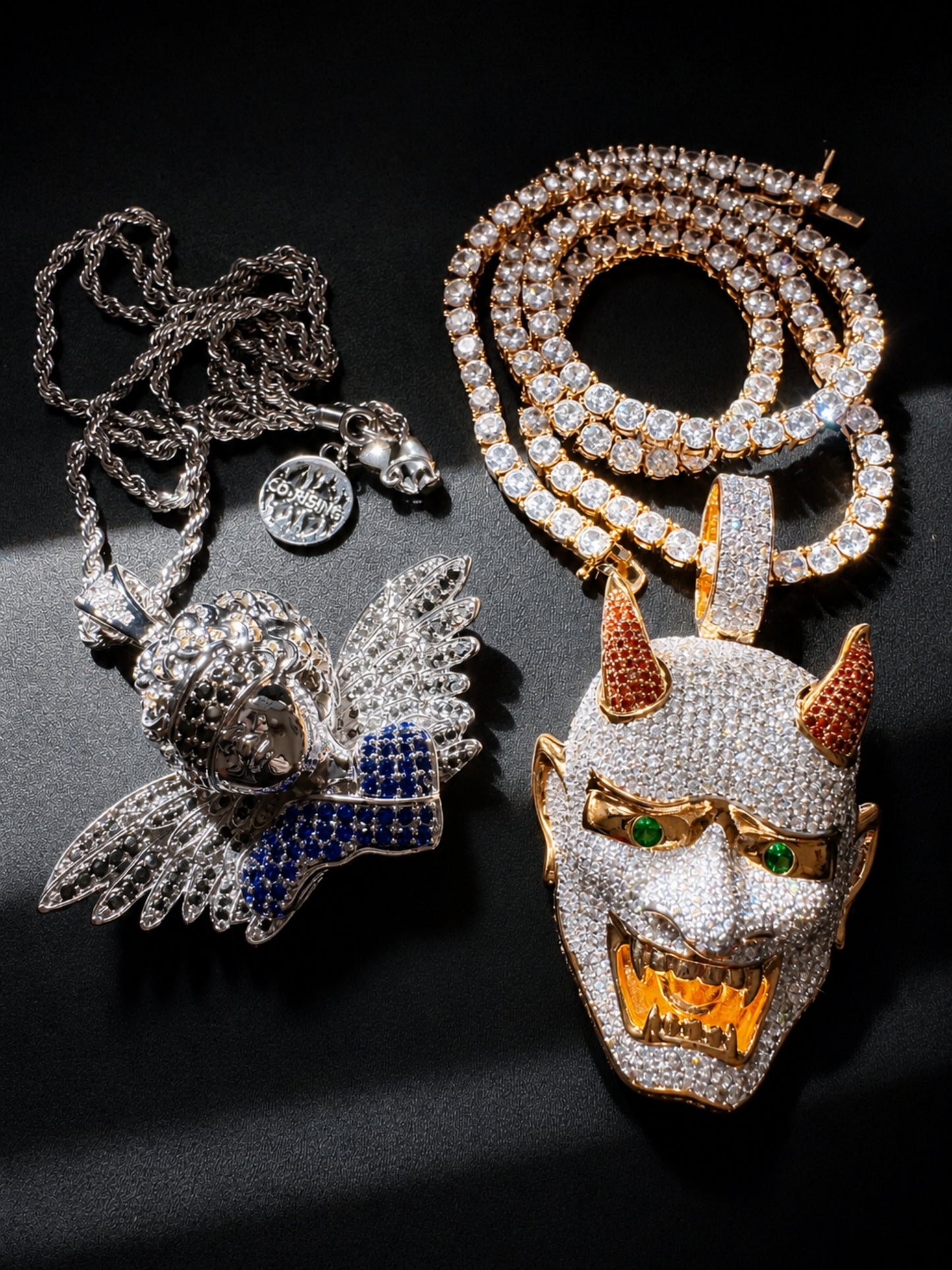 Streetwear styling featuring the ICEDIAMOND LET LIGHT IN Oni mask statement pendant necklace.
